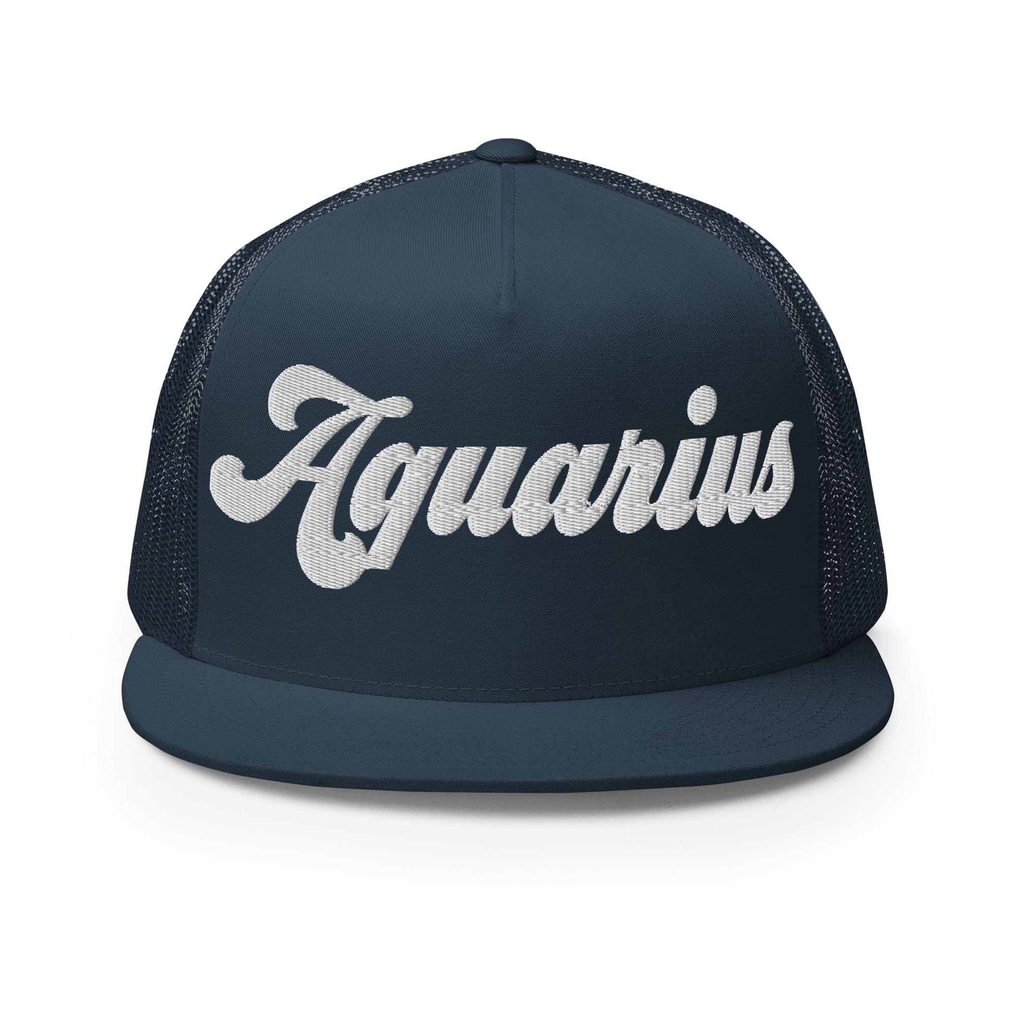 Aquarius Zodiac Embroidered Flat Bill Trucker Hat - Navy Color - https://ascensionemporium.net