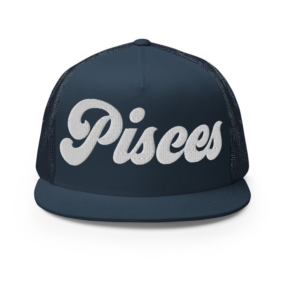 Pisces Zodiac Embroidered Flat Bill Trucker Hat - Navy Color - https://ascensionemporium.net