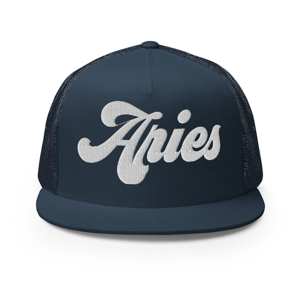Aries Zodiac Embroidered Flat Bill Trucker Hat - Navy Color - https://ascensionemporium.net