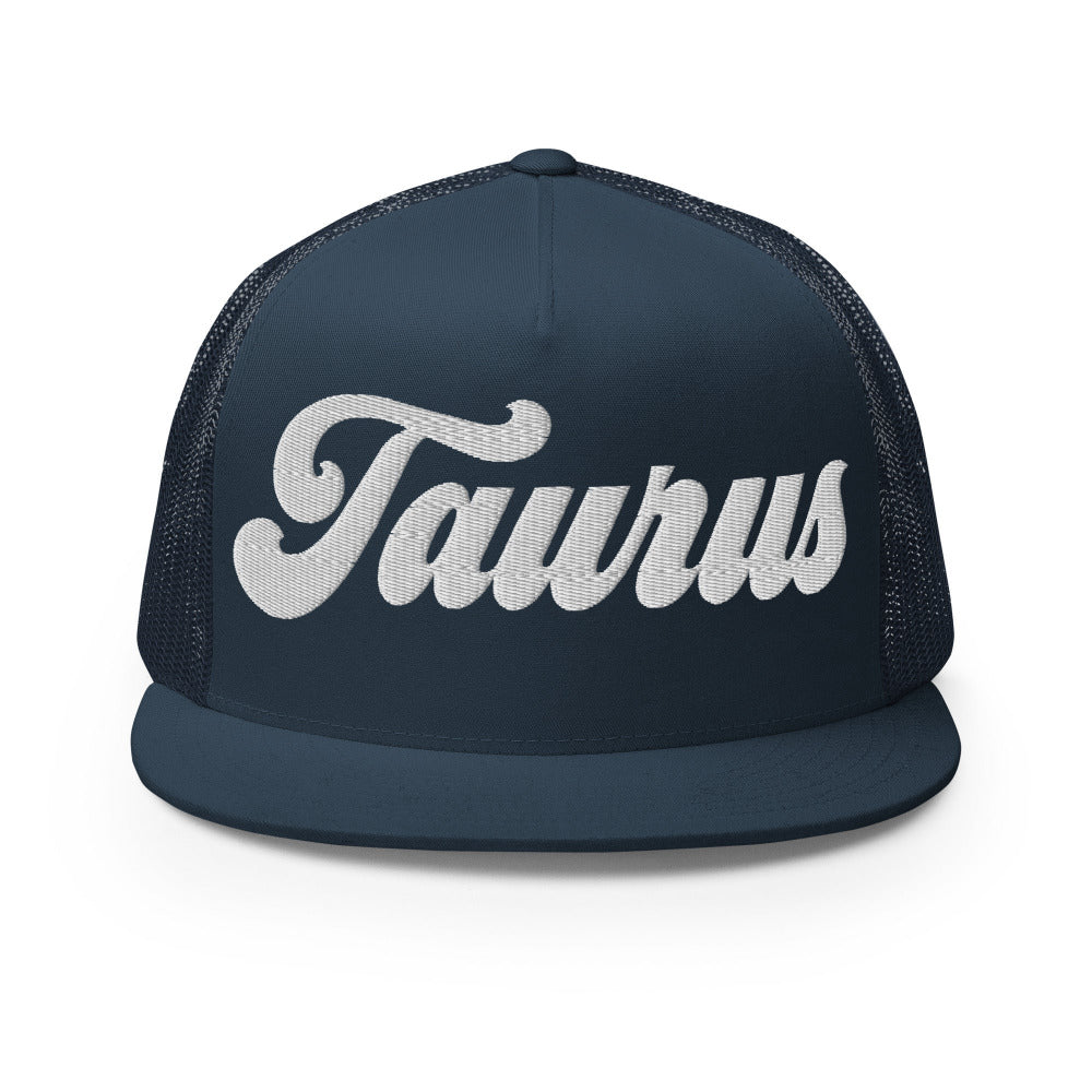 Taurus Zodiac Embroidered Flat Bill Trucker Hat - Navy Color - https://ascensionemporium.net