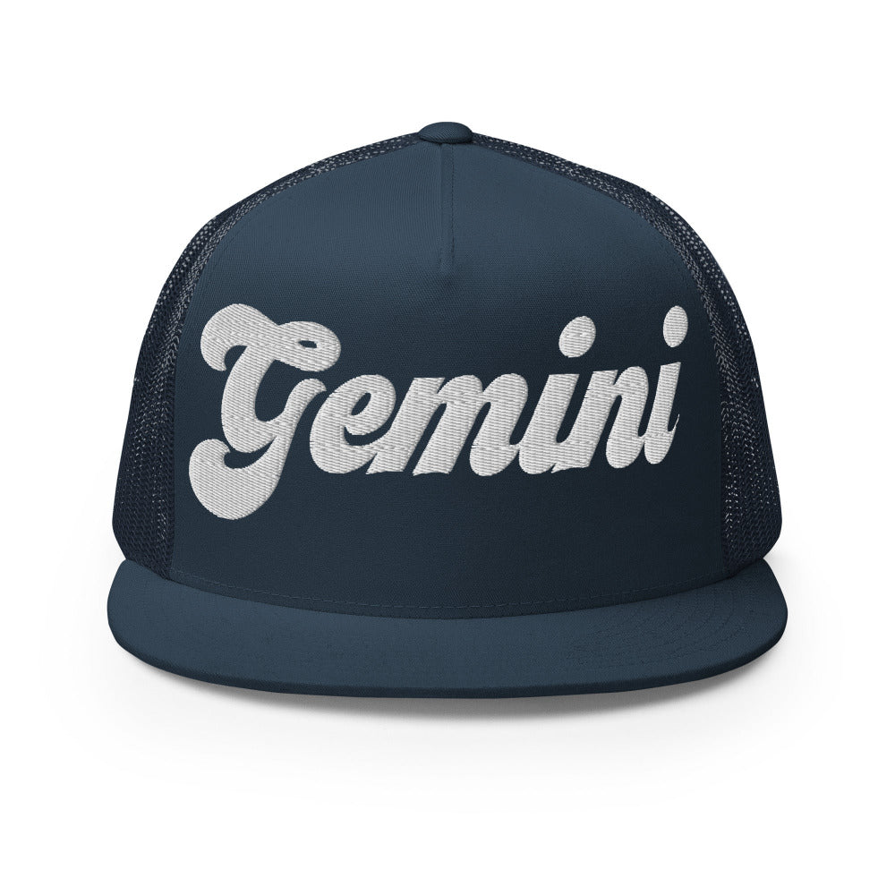 Gemini Zodiac Embroidered Flat Bill Trucker Hat - Navy Color - https://ascensionemporium.net