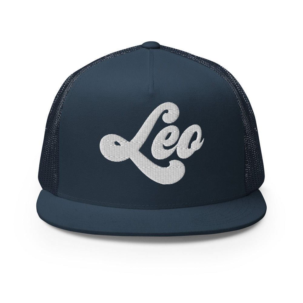 Leo Zodiac Embroidered Flat Bill Trucker Hat - Navy Color - https://ascensionemporium.net
