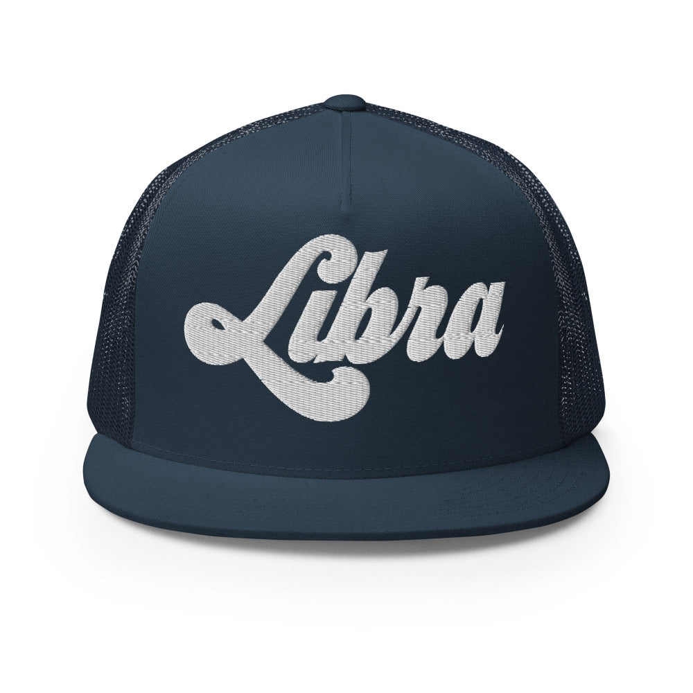 Libra Zodiac Embroidered Flat Bill Trucker Hat - Navy Color - https://ascensionemporium.net