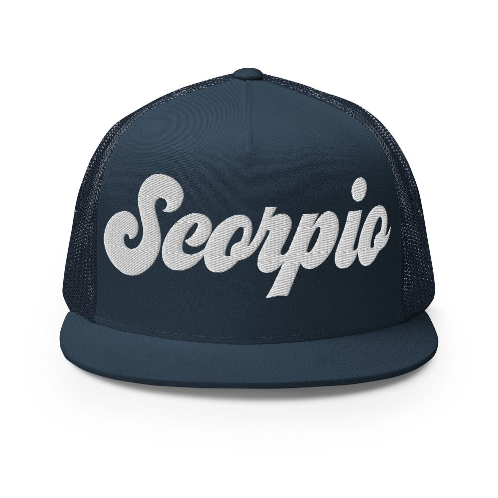 Scorpio Zodiac Embroidered Flat Bill Trucker Hat - Navy Color - https://ascensionemporium.net