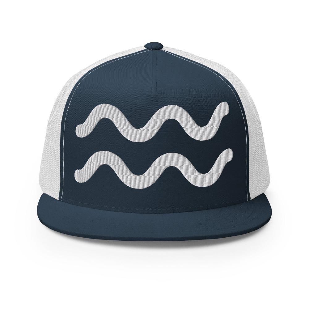 Aquarius Zodiac Embroidered Flat Bill Trucker Hat - Navy/White Color - https://ascensionemporium.net