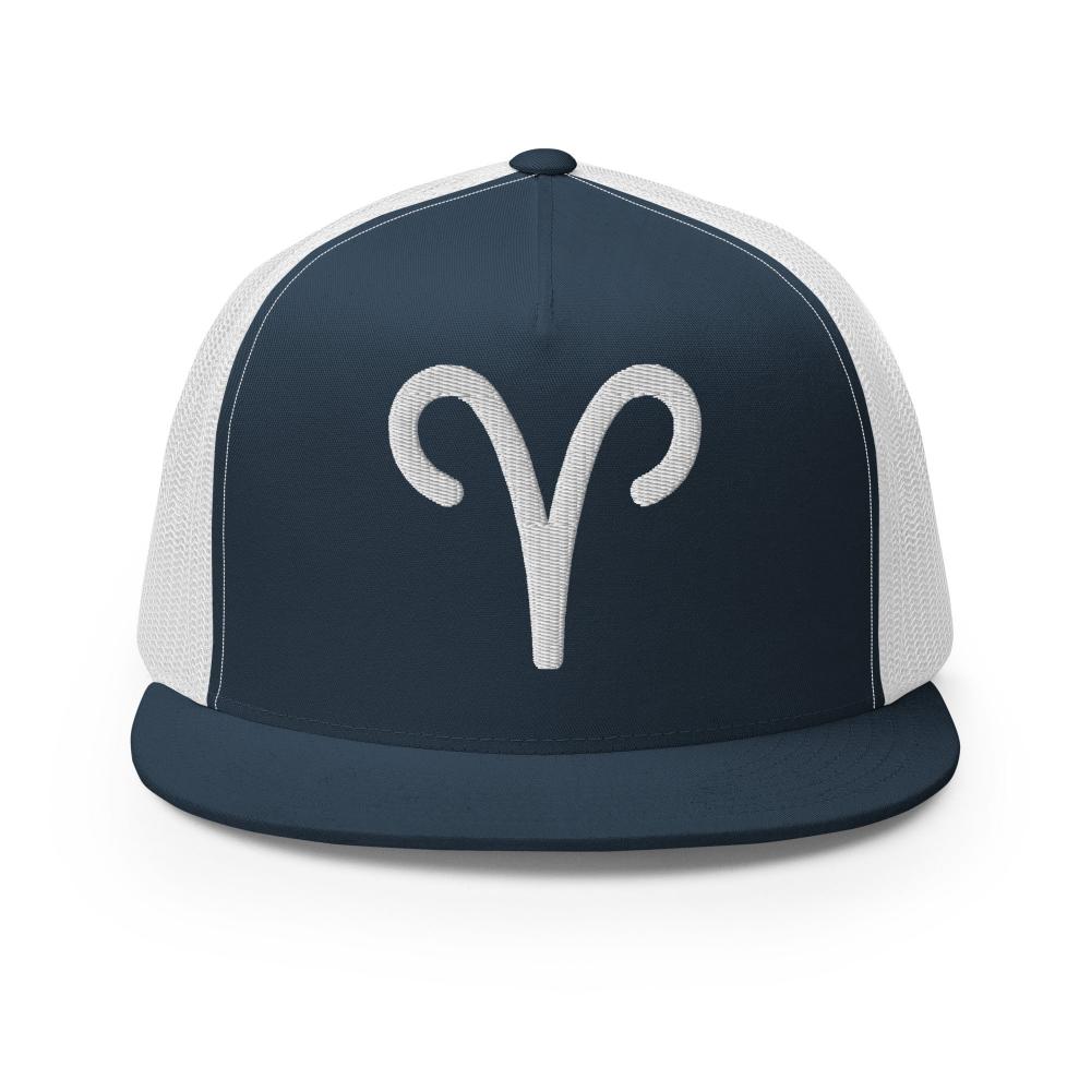 Aries Zodiac Embroidered Flat Bill Trucker Hat - Navy/White Color - https://ascensionemporium.net