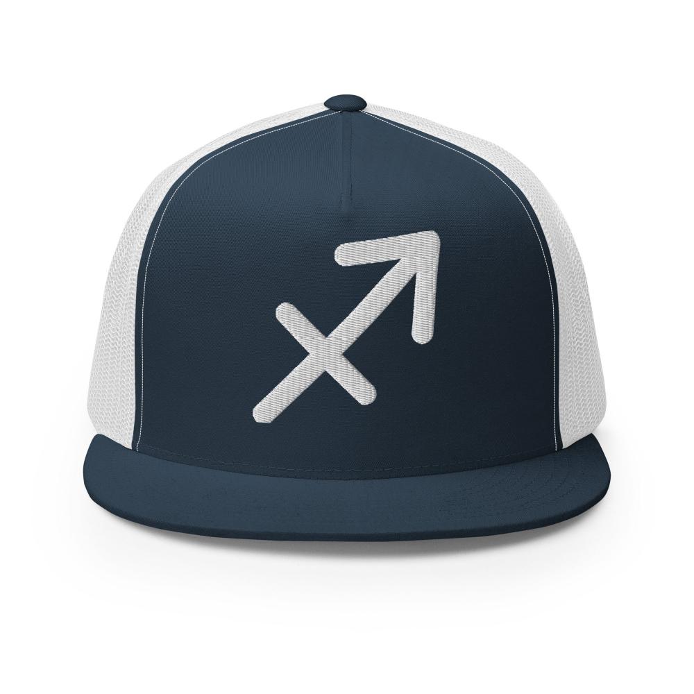Sagittarius Zodiac Embroidered Flat Bill Trucker Hat - Navy/White Color - https://ascensionemporium.net