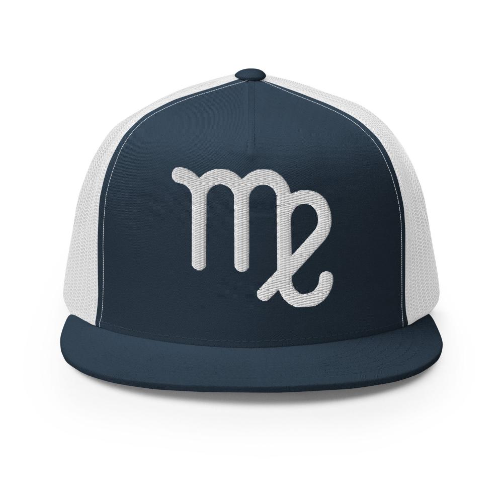 Virgo Zodiac Embroidered Flat Bill Trucker Hat - Navy/White Color - https://ascensionemporium.net