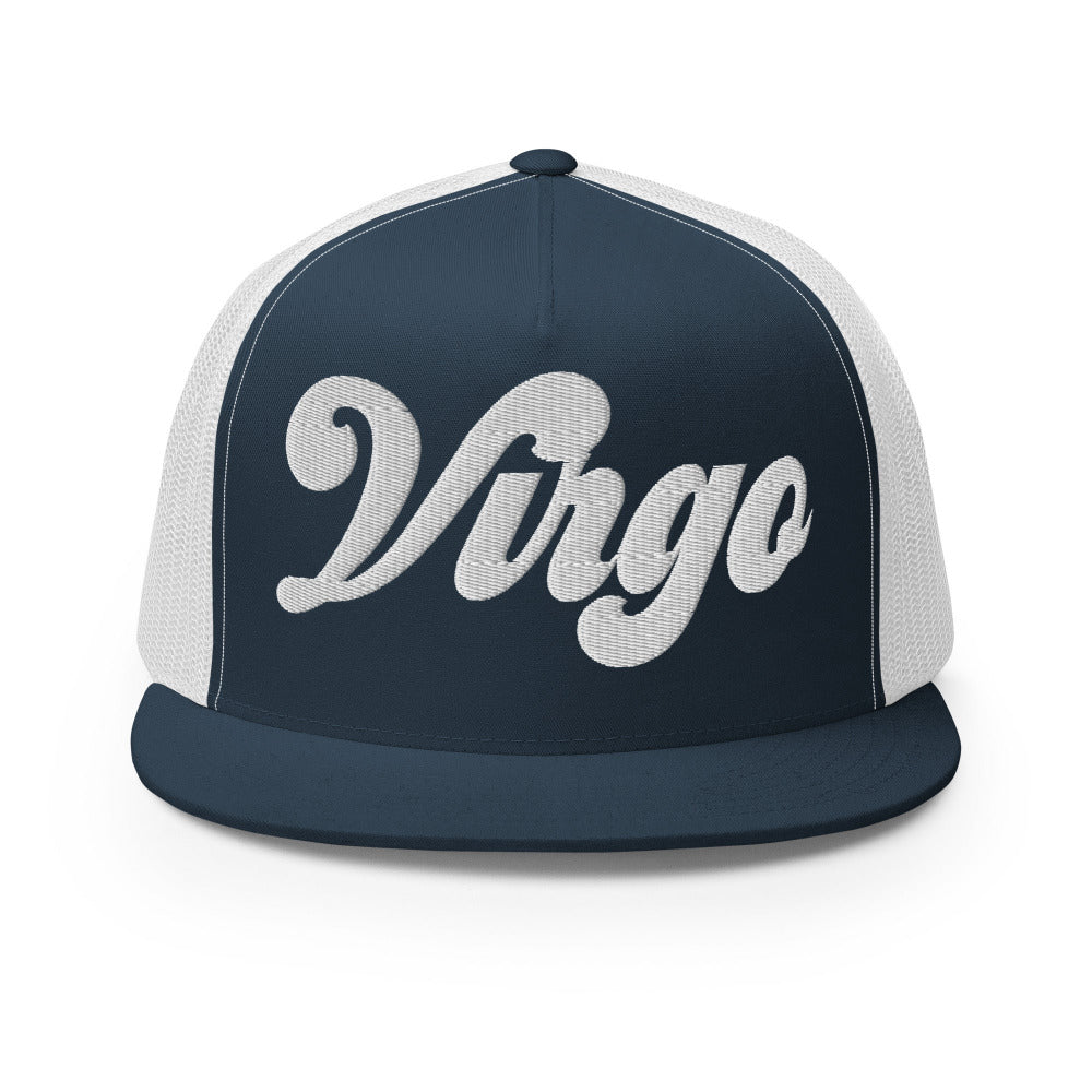 Virgo Zodiac Embroidered Flat Bill Trucker Hat - Navy/White Color - https://ascensionemporium.net