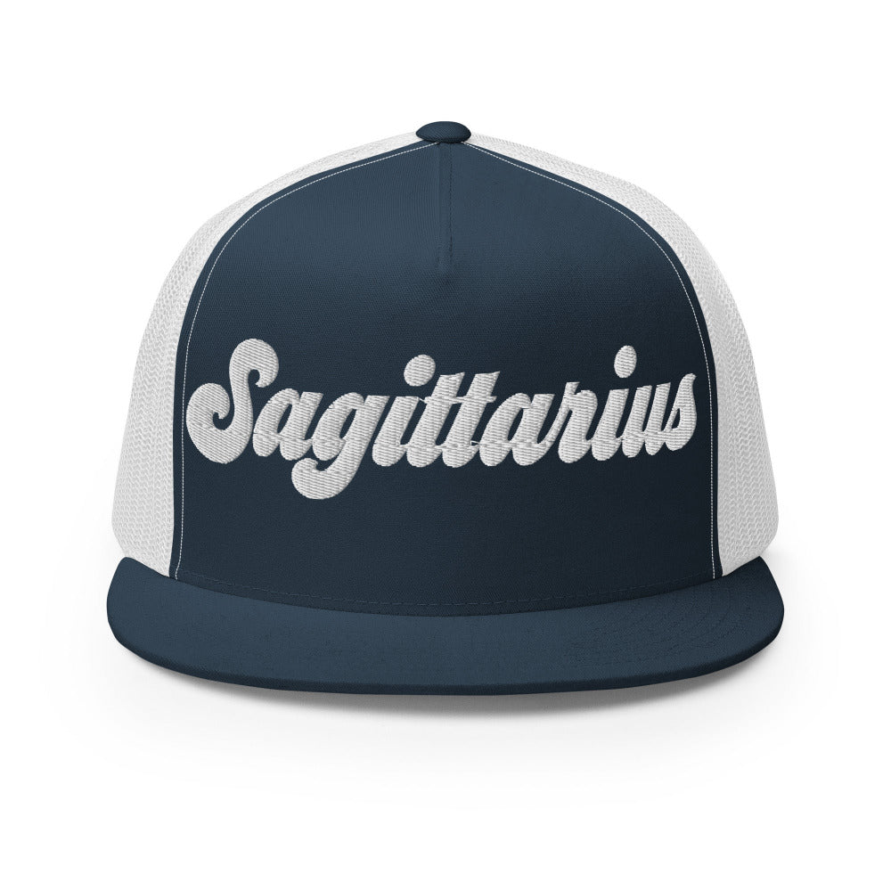 Sagittarius Zodiac Embroidered Flat Bill Trucker Hat - Navy/White Color - https://ascensionemporium.net