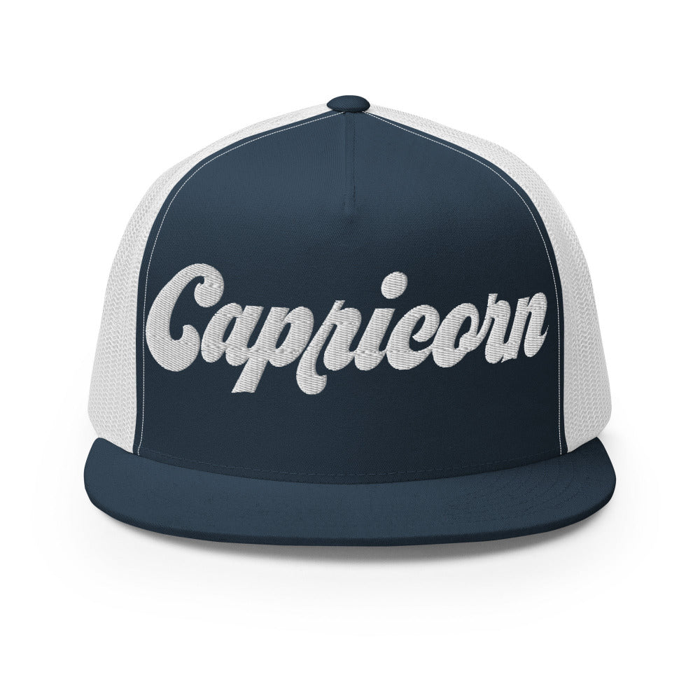 Capricorn Zodiac Embroidered Flat Bill Trucker Hat - Navy/White Color - https://ascensionemporium.net