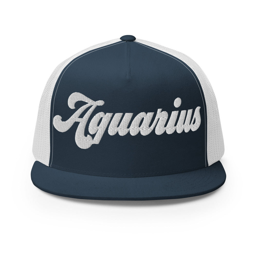 Aquarius Zodiac Embroidered Flat Bill Trucker Hat - Navy/White Color - https://ascensionemporium.net