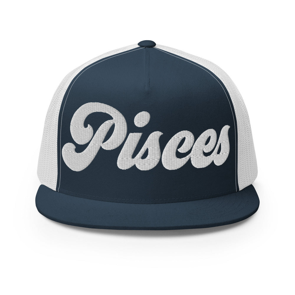 Pisces Zodiac Embroidered Flat Bill Trucker Hat - Navy/White Color - https://ascensionemporium.net