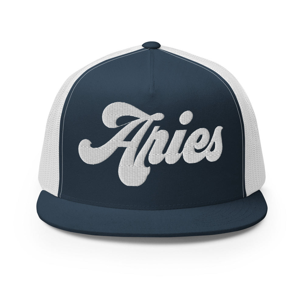 Aries Zodiac Embroidered Flat Bill Trucker Hat - Navy/White Color - https://ascensionemporium.net