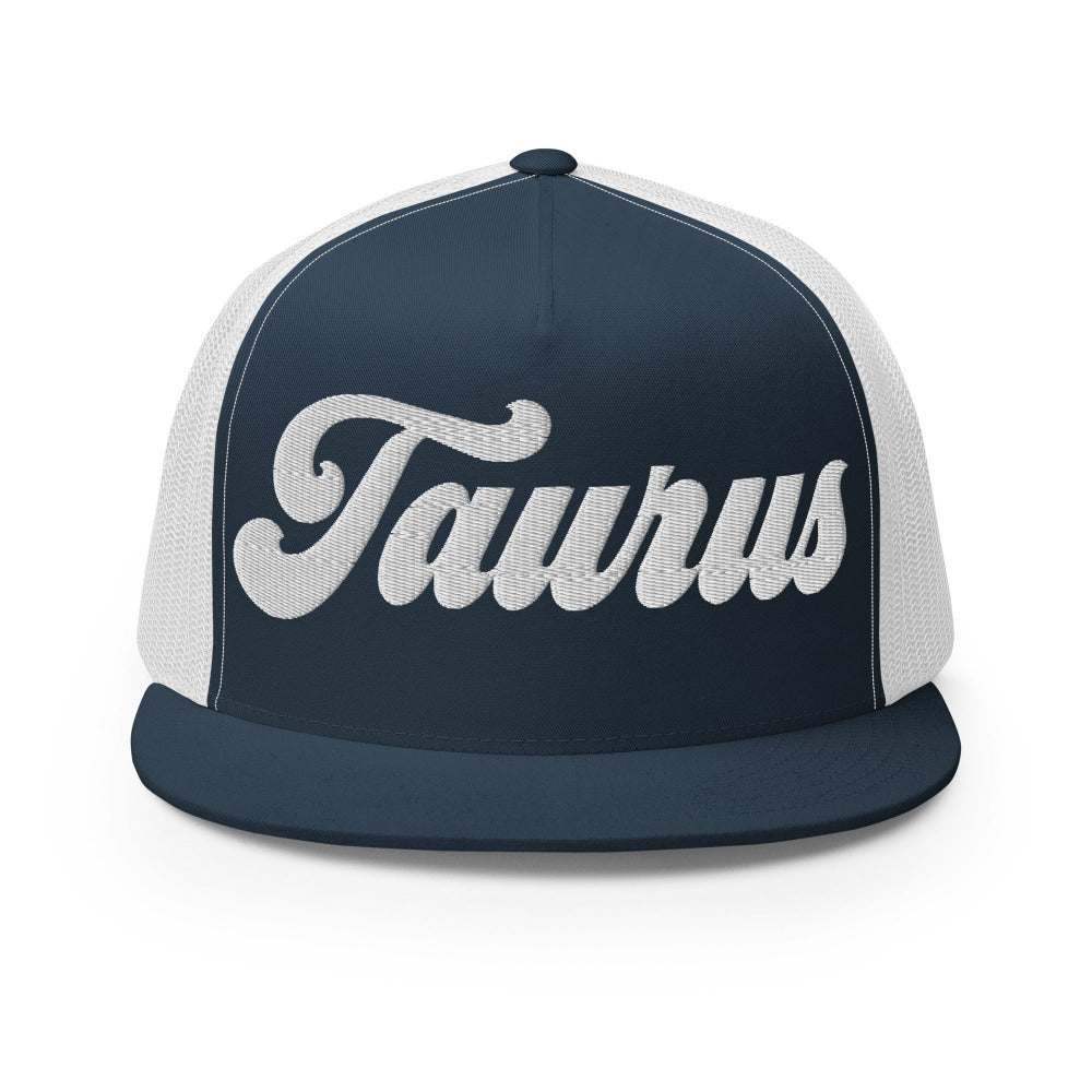 Taurus Zodiac Embroidered Flat Bill Trucker Hat - Navy/White Color - https://ascensionemporium.net