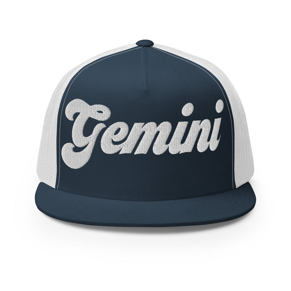 Gemini Zodiac Embroidered Flat Bill Trucker Hat - Navy/White Color - https://ascensionemporium.net