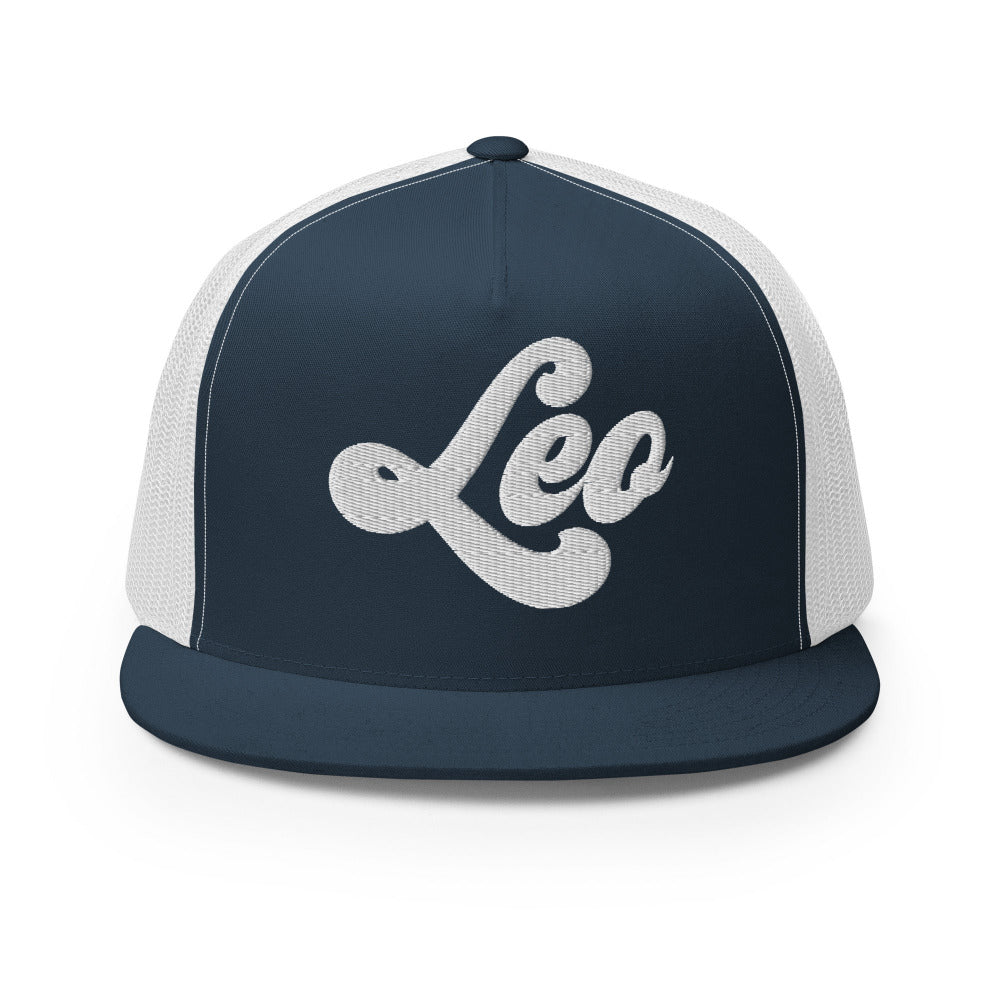 Leo Zodiac Embroidered Flat Bill Trucker Hat - Navy/White Color - https://ascensionemporium.net