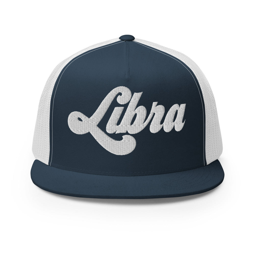 Libra Zodiac Embroidered Flat Bill Trucker Hat - Navy/White Color - https://ascensionemporium.net