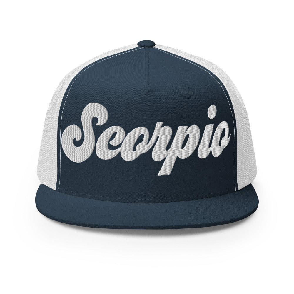 Scorpio Zodiac Embroidered Flat Bill Trucker Hat - Navy/White Color - https://ascensionemporium.net