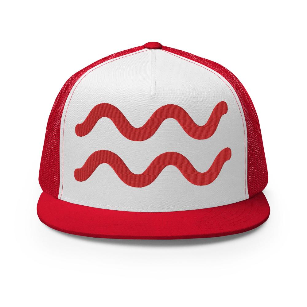 Aquarius Zodiac Embroidered Flat Bill Trucker Hat - Red/White/Red Color - https://ascensionemporium.net