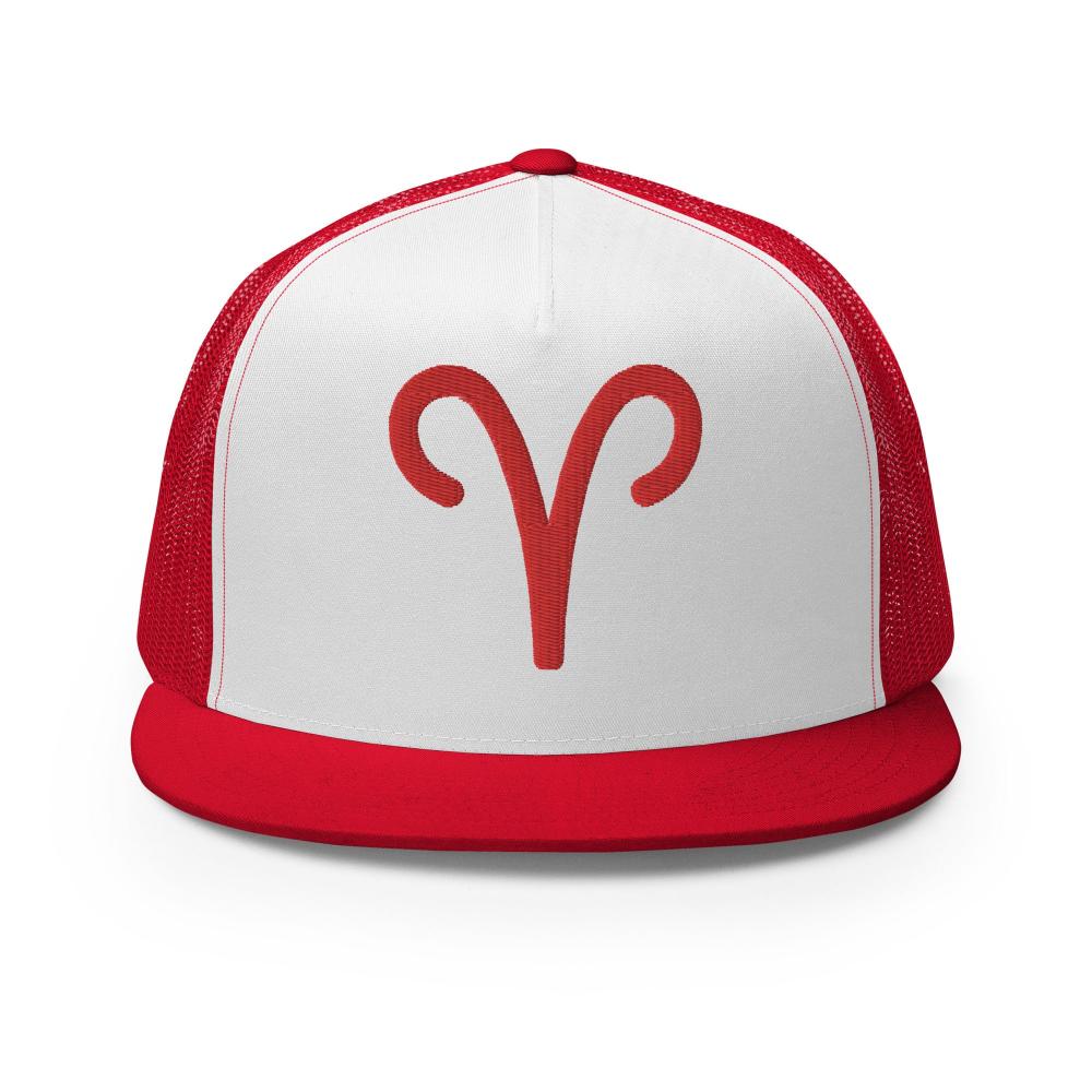 Aries Zodiac Embroidered Flat Bill Trucker Hat - Red/White/Red Color - https://ascensionemporium.net