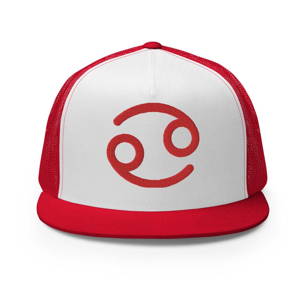Cancer Zodiac Embroidered Flat Bill Trucker Hat - Red/White/Red Color - https://ascensionemporium.net