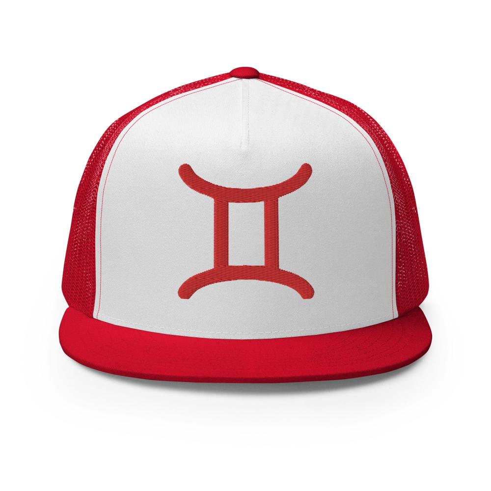Gemini Zodiac Embroidered Flat Bill Trucker Hat - Red/White/Red Color - https://ascensionemporium.net