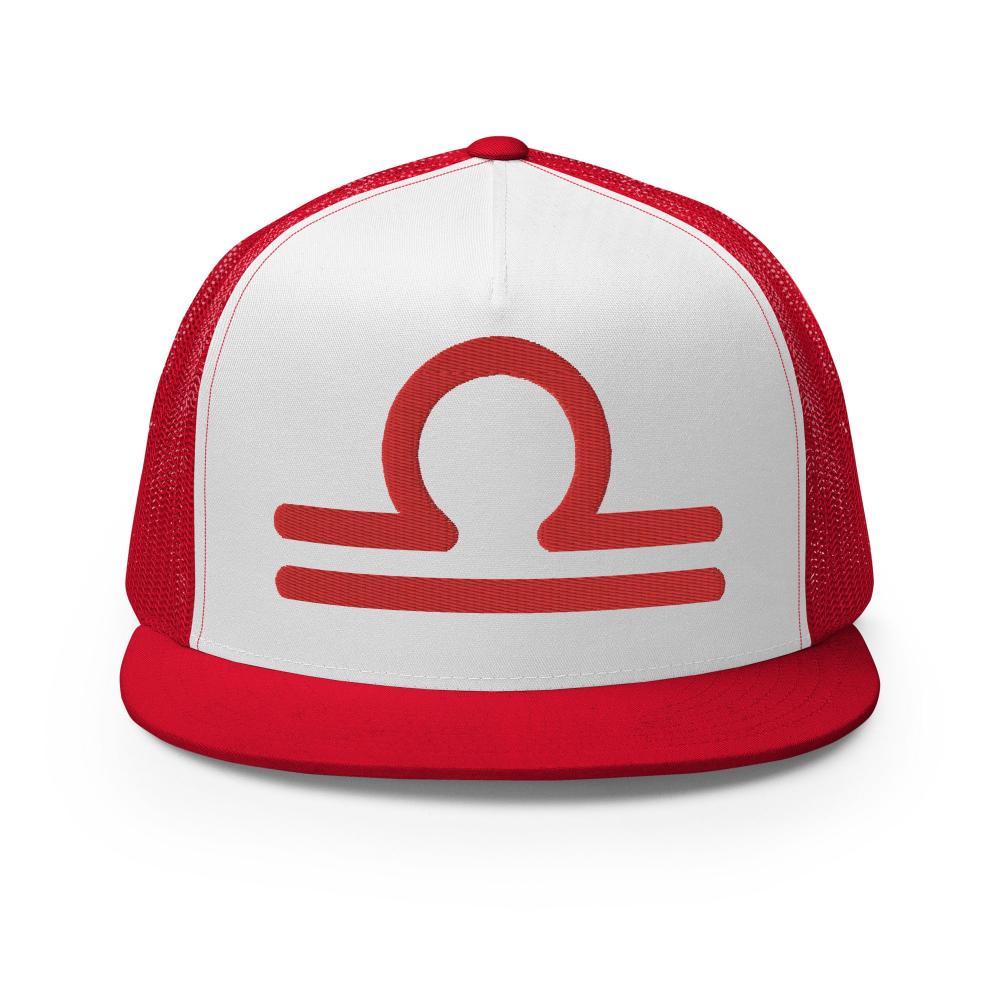 Libra Zodiac Embroidered Flat Bill Trucker Hat -Red/White/Red Color - https://ascensionemporium.net