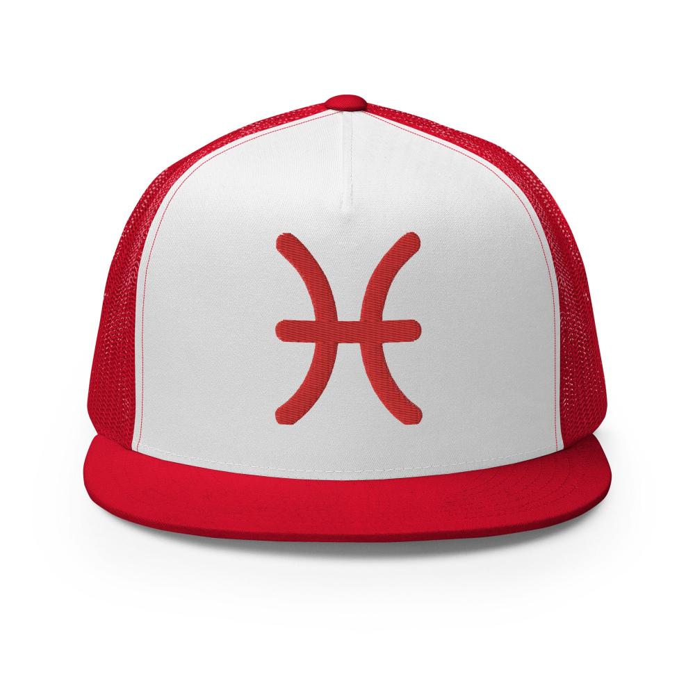 Pisces Zodiac Embroidered Flat Bill Trucker Hat - Red/White/Red Color - https://ascensionemporium.net