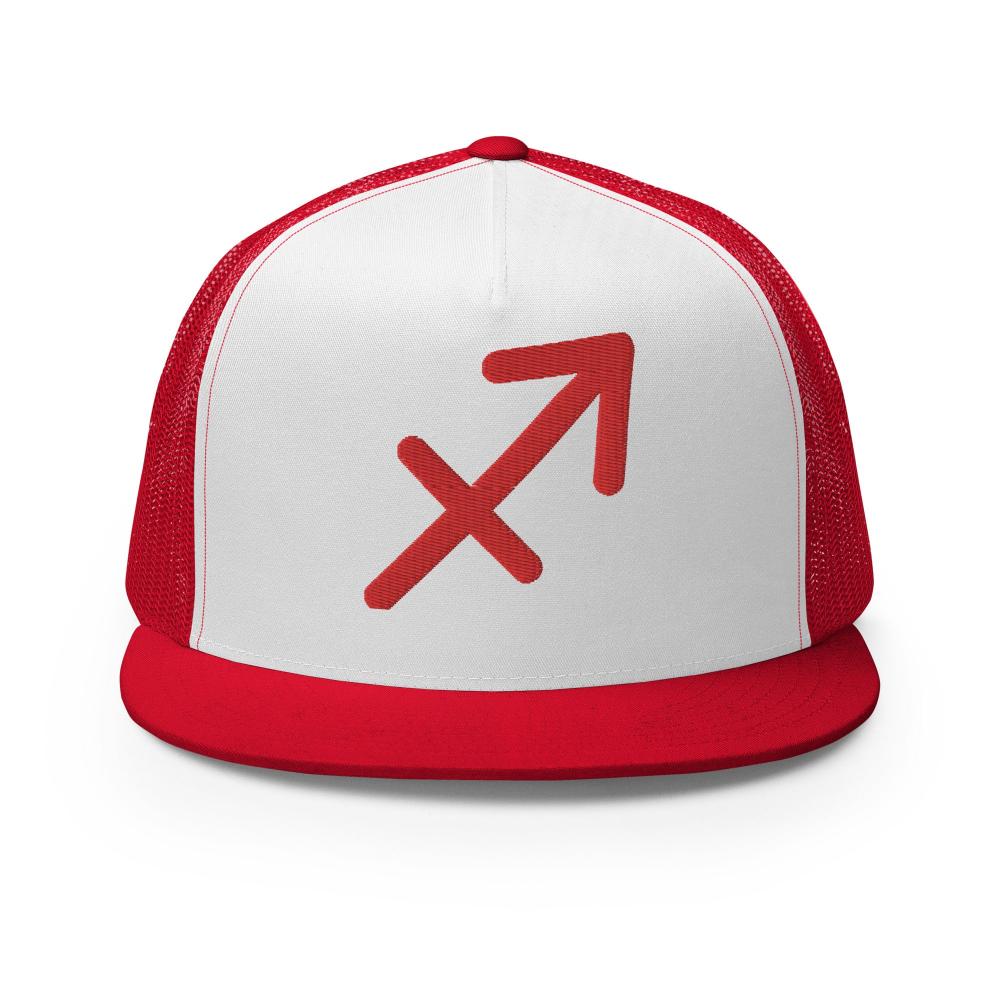 Sagittarius Zodiac Embroidered Flat Bill Trucker Hat - Red/White/Red Color - https://ascensionemporium.net