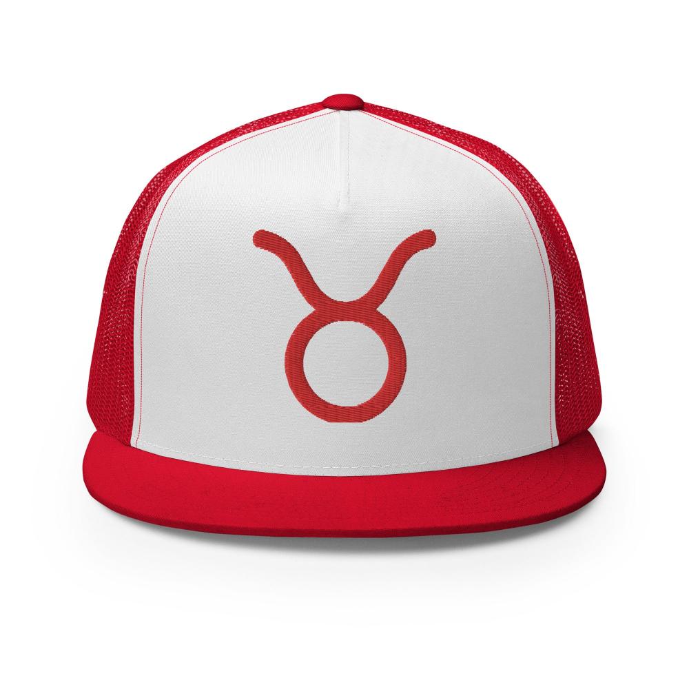 Taurus Zodiac Embroidered Flat Bill Trucker Hat - Red/White/Red Color - https://ascensionemporium.net