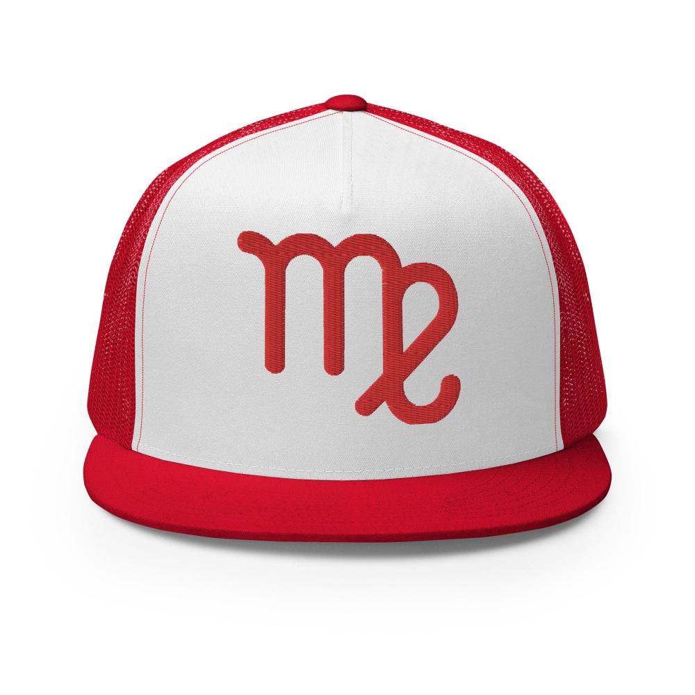 Virgo Zodiac Embroidered Flat Bill Trucker Hat - Red/White/Red Color - https://ascensionemporium.net