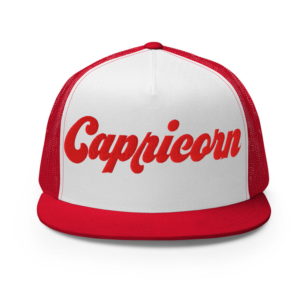 Capricorn Zodiac Embroidered Flat Bill Trucker Hat - Red/White/Red Color - https://ascensionemporium.net