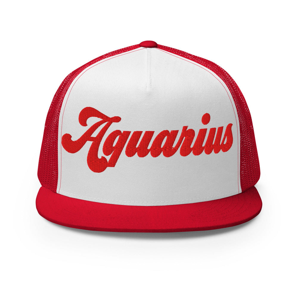 Aquarius Zodiac Embroidered Flat Bill Trucker Hat - Red/White/Red Color - https://ascensionemporium.net