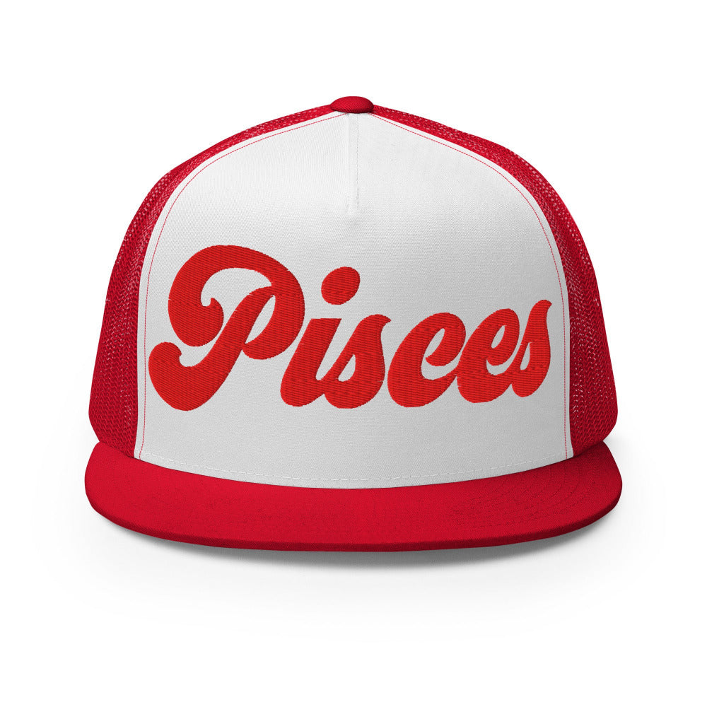 Pisces Zodiac Embroidered Flat Bill Trucker Hat - Red/White/Red Color - https://ascensionemporium.net