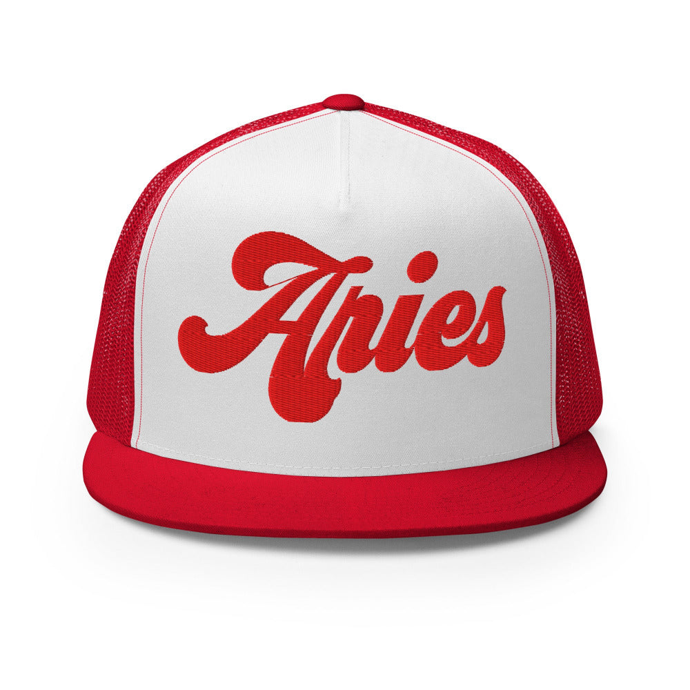 Aries Zodiac Embroidered Flat Bill Trucker Hat - Red/White/Red Color - https://ascensionemporium.net