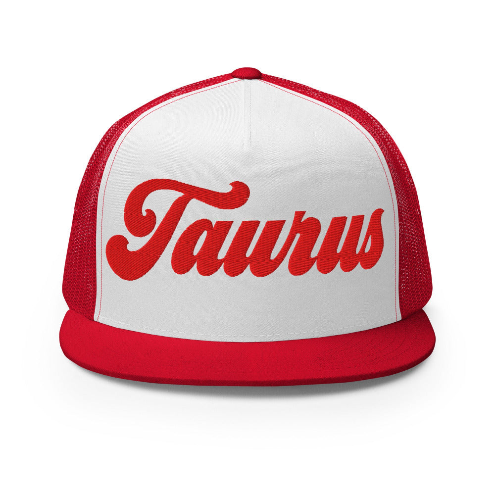 Taurus Zodiac Embroidered Flat Bill Trucker Hat - Red/White/Red Color - https://ascensionemporium.net