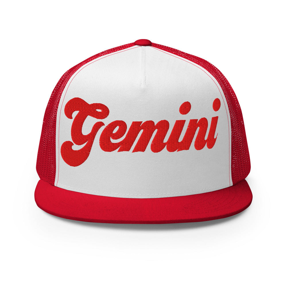 Gemini Zodiac Embroidered Flat Bill Trucker Hat - Red/White/Red Color - https://ascensionemporium.net