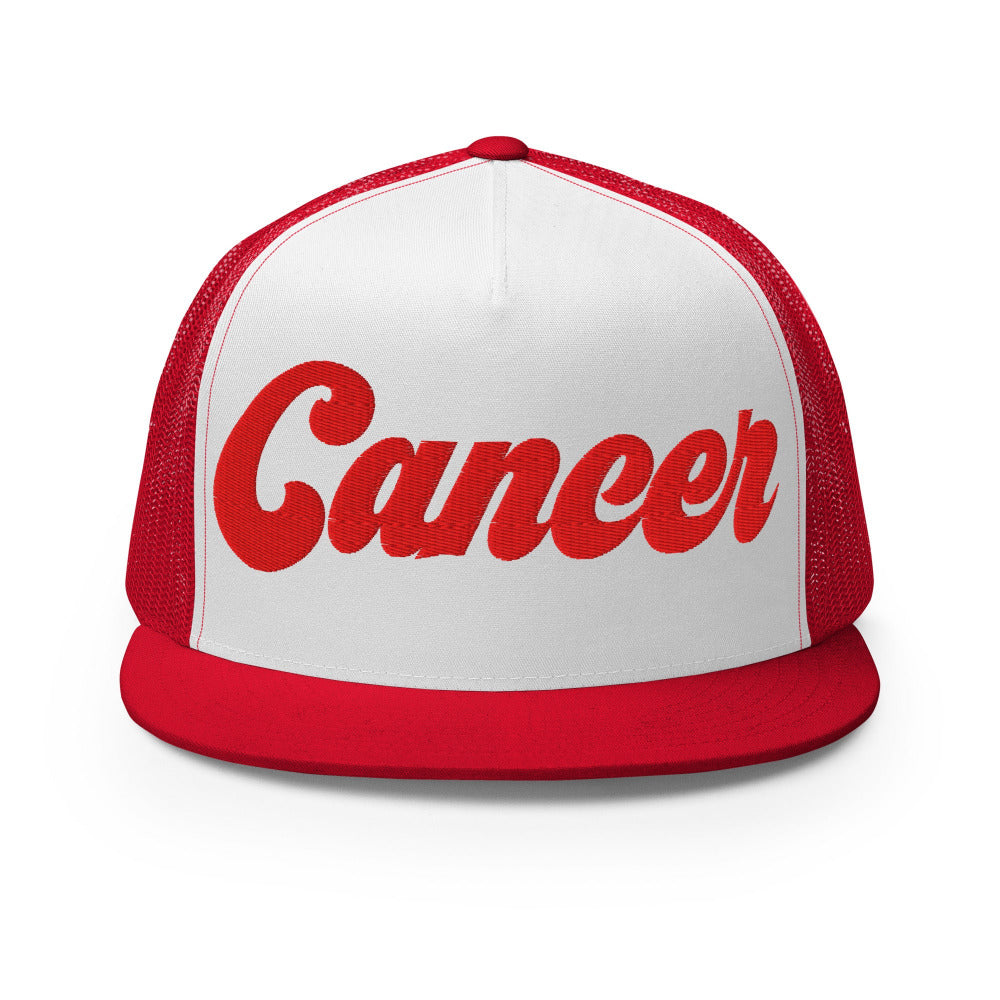 Cancer Zodiac Embroidered Flat Bill Trucker Hat - Red/White/Red Color - https://ascensionemporium.net