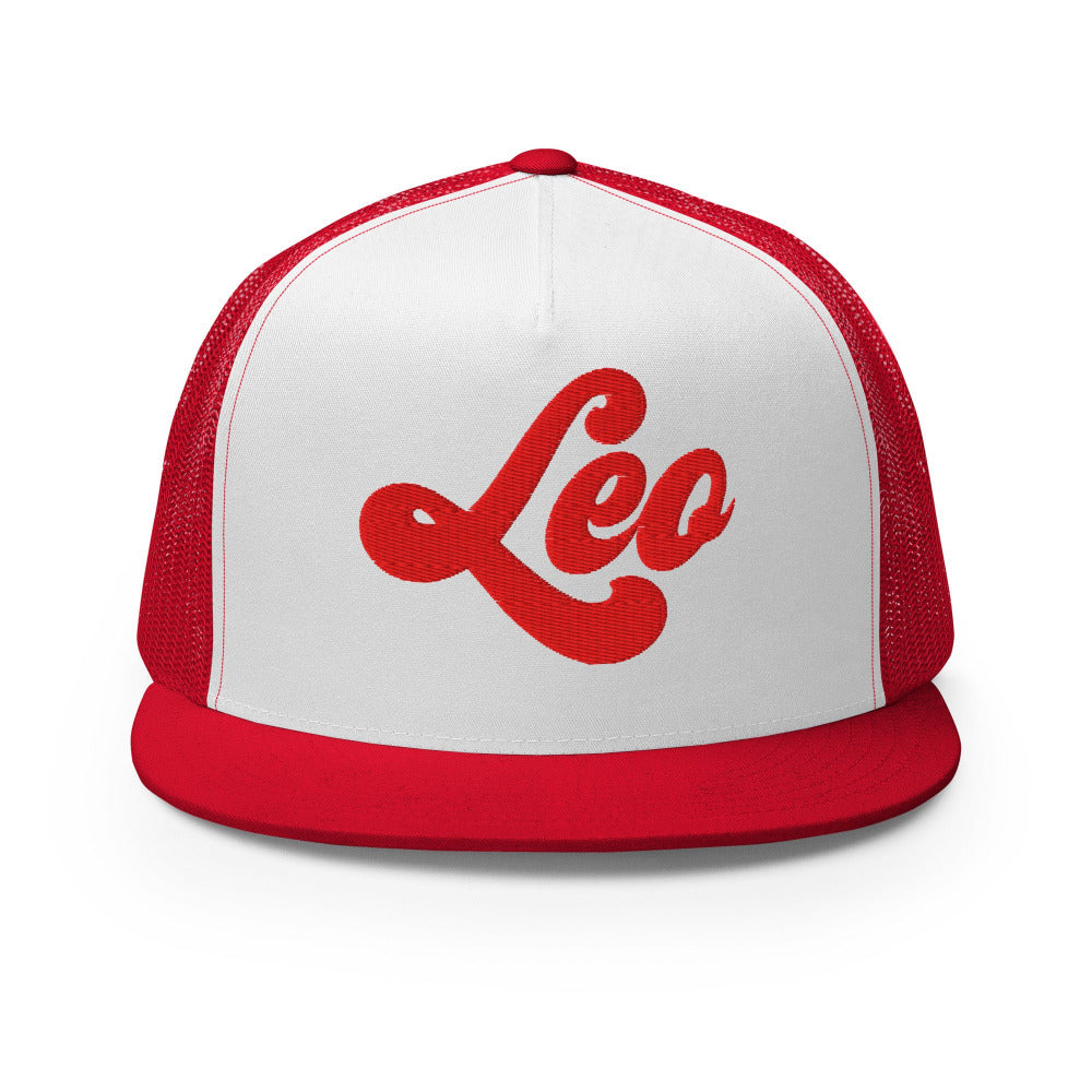 Leo Zodiac Embroidered Flat Bill Trucker Hat - Red/White/Red Color - https://ascensionemporium.net