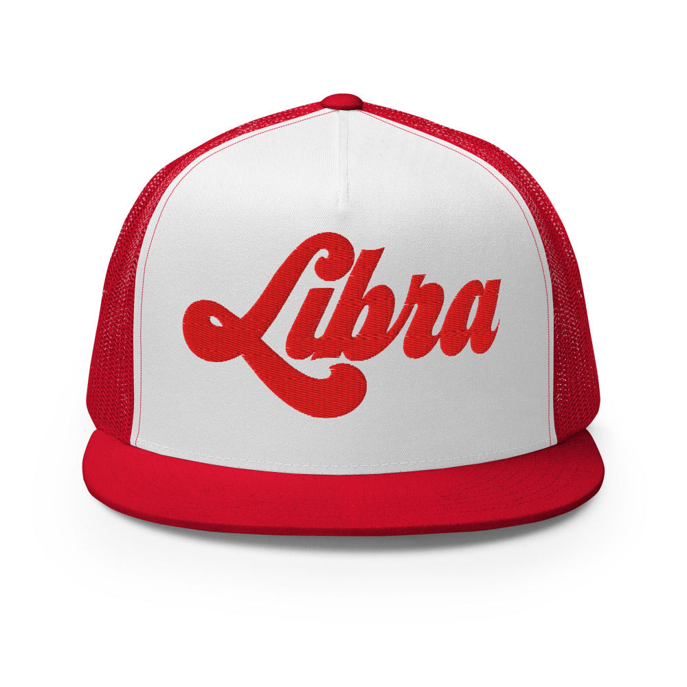 Libra Zodiac Embroidered Flat Bill Trucker Hat - Red/White/Red Color - https://ascensionemporium.net