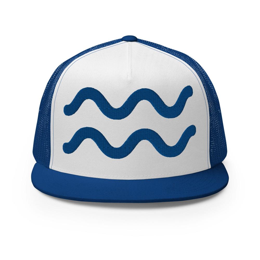 Aquarius Zodiac Embroidered Flat Bill Trucker Hat - Blue/White/Blue Color - https://ascensionemporium.net