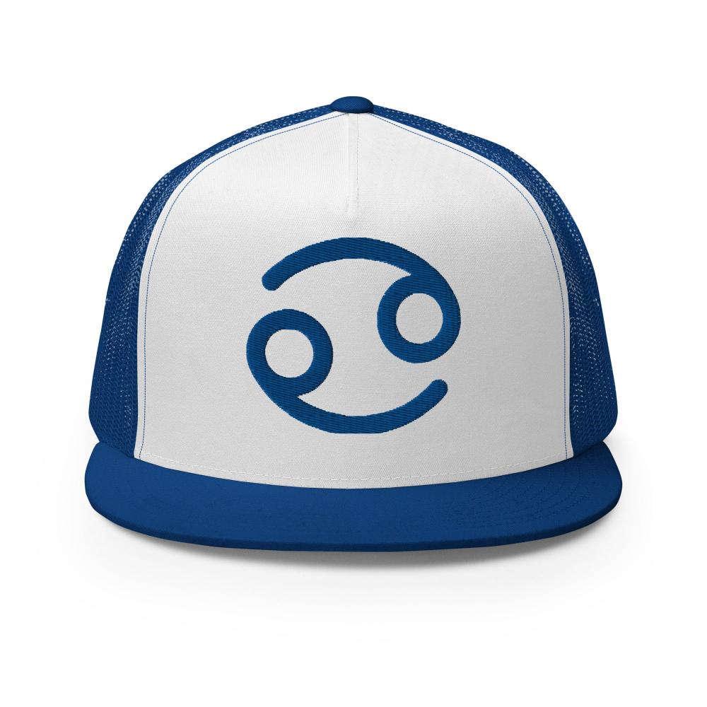 Cancer Zodiac Embroidered Flat Bill Trucker Hat - Blue/White/Blue Color - https://ascensionemporium.net