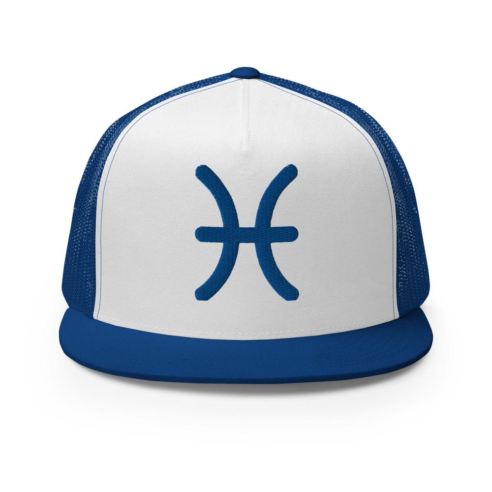 Pisces Zodiac Embroidered Flat Bill Trucker Hat - Blue/White/Blue Color - https://ascensionemporium.net