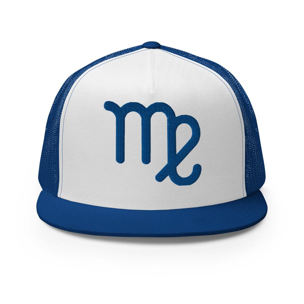 Virgo Zodiac Embroidered Flat Bill Trucker Hat - Blue/White/Blue Color - https://ascensionemporium.net