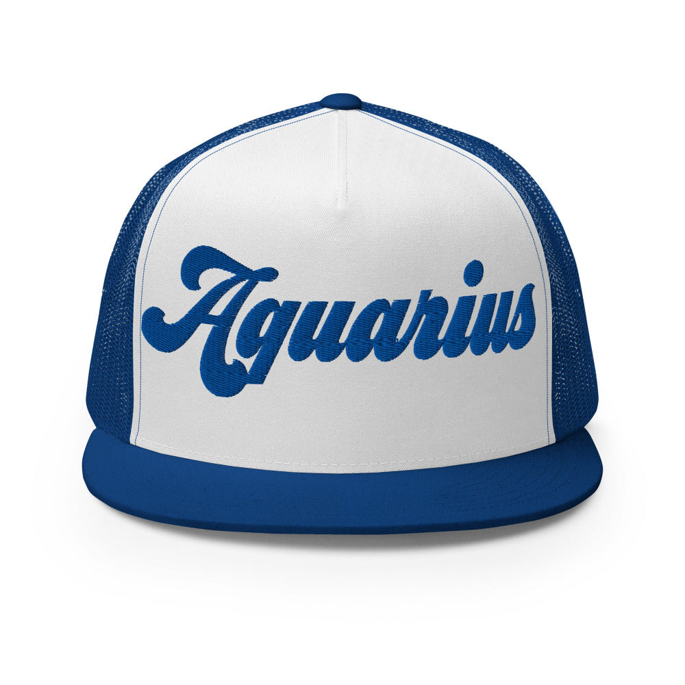 Aquarius Zodiac Embroidered Flat Bill Trucker Hat - Royal/White/Royal Color - https://ascensionemporium.net