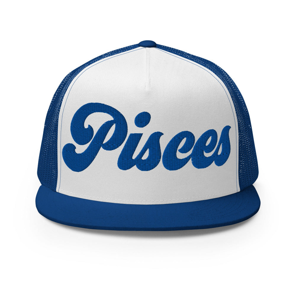 Pisces Zodiac Embroidered Flat Bill Trucker Hat - Royal/White/Royal Color - https://ascensionemporium.net