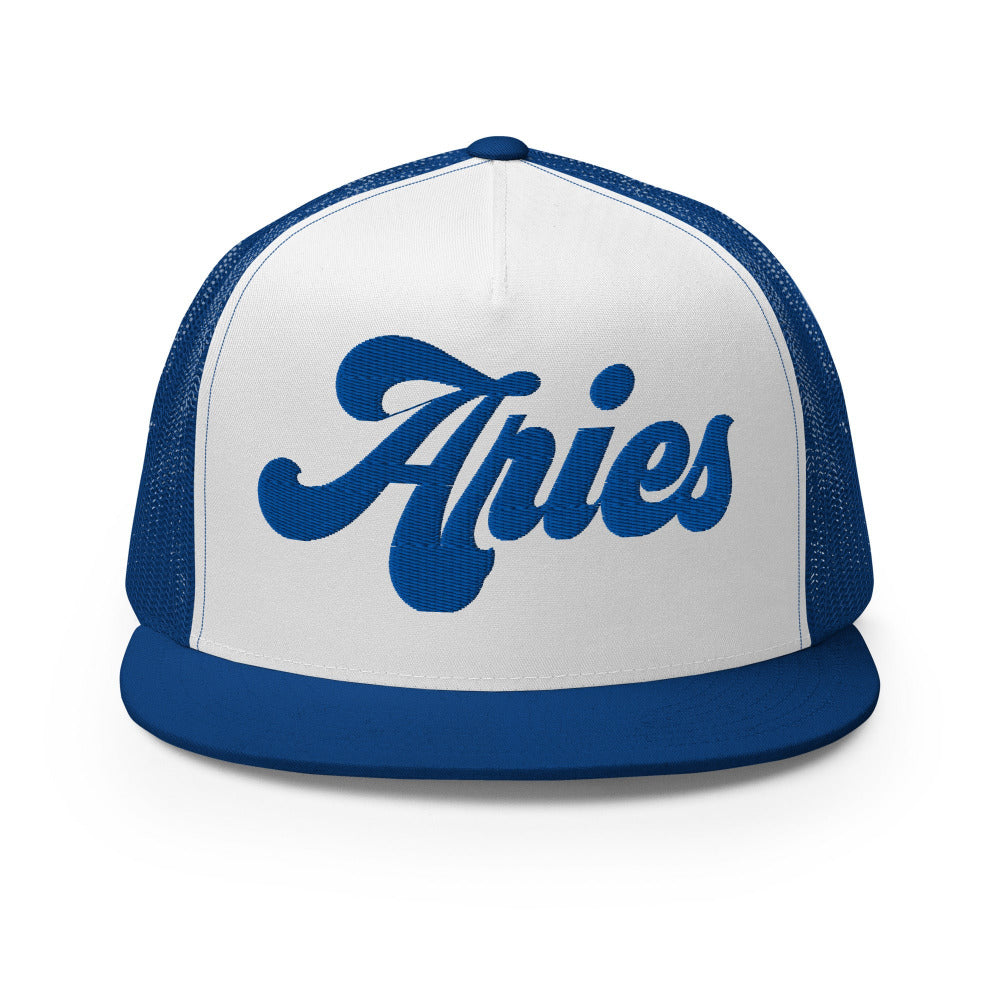 Aries Zodiac Embroidered Flat Bill Trucker Hat - Royal/White/Royal Color - https://ascensionemporium.net
