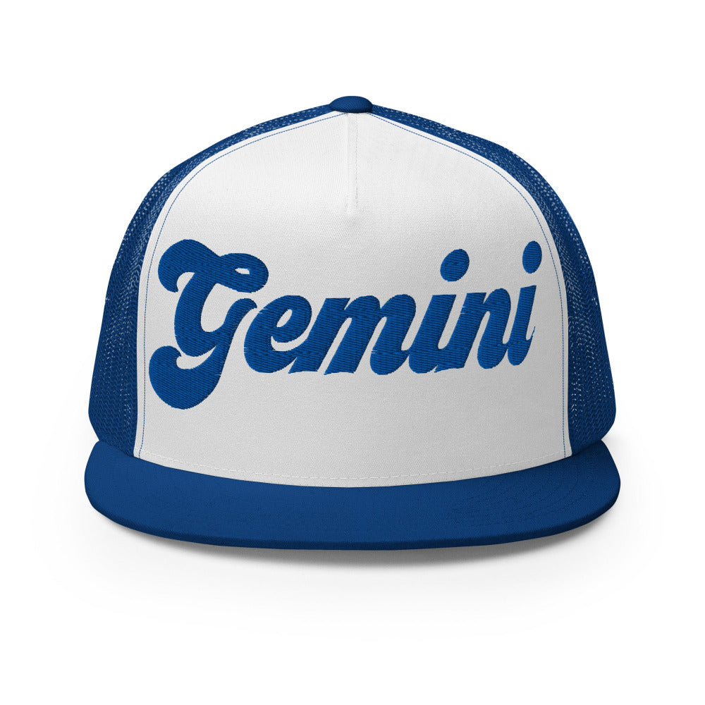 Gemini Zodiac Embroidered Flat Bill Trucker Hat - Royal/White/Royal Color - https://ascensionemporium.net