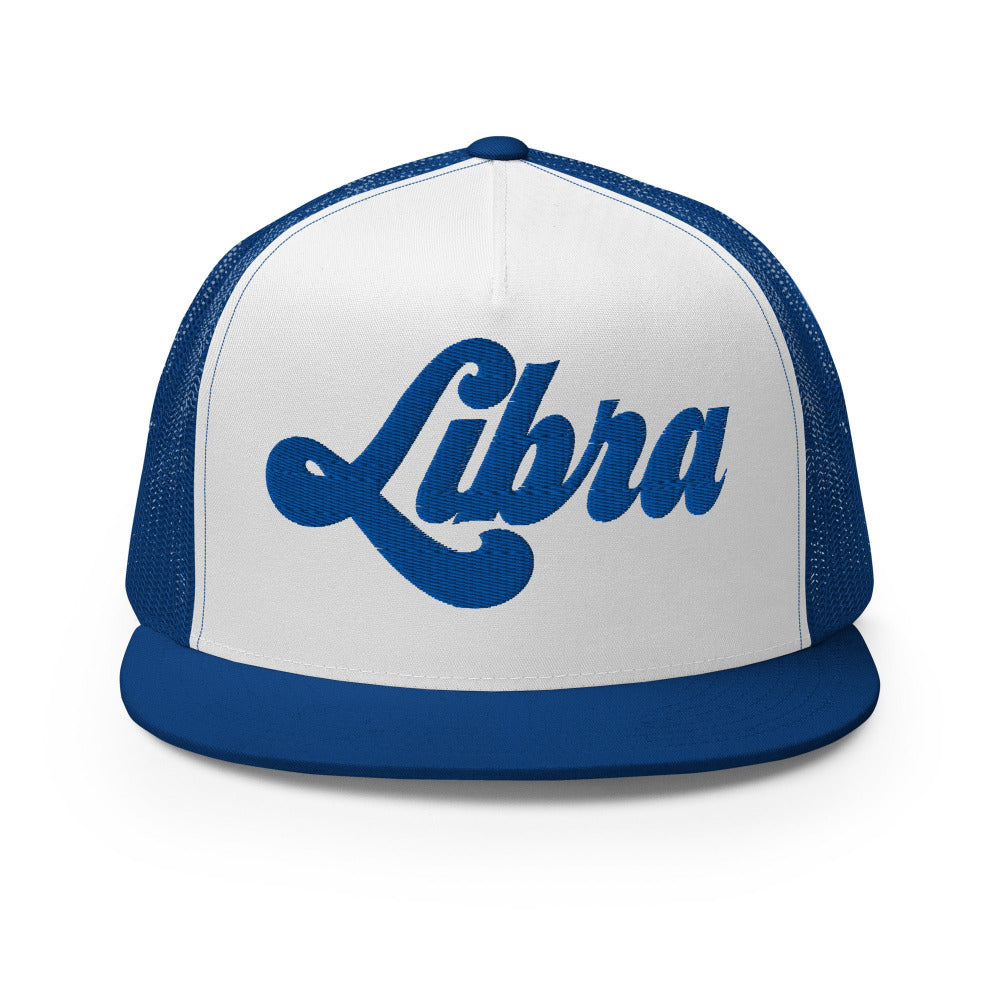Libra Zodiac Embroidered Flat Bill Trucker Hat - Royal/White/Royal Color - https://ascensionemporium.net